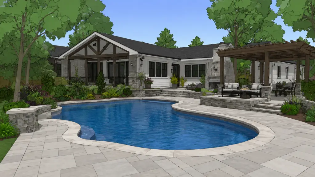 A rendering of a backyard featuring a swimming pool, a stone patio, and a covered outdoor lounge area next to a house.
