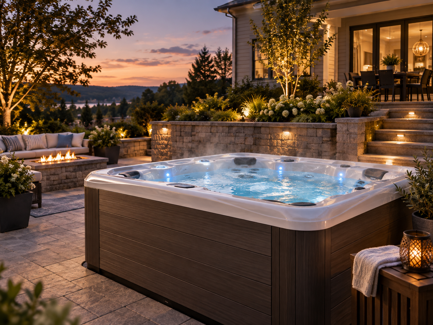 Luxury hot tub in a beautifully designed backyard