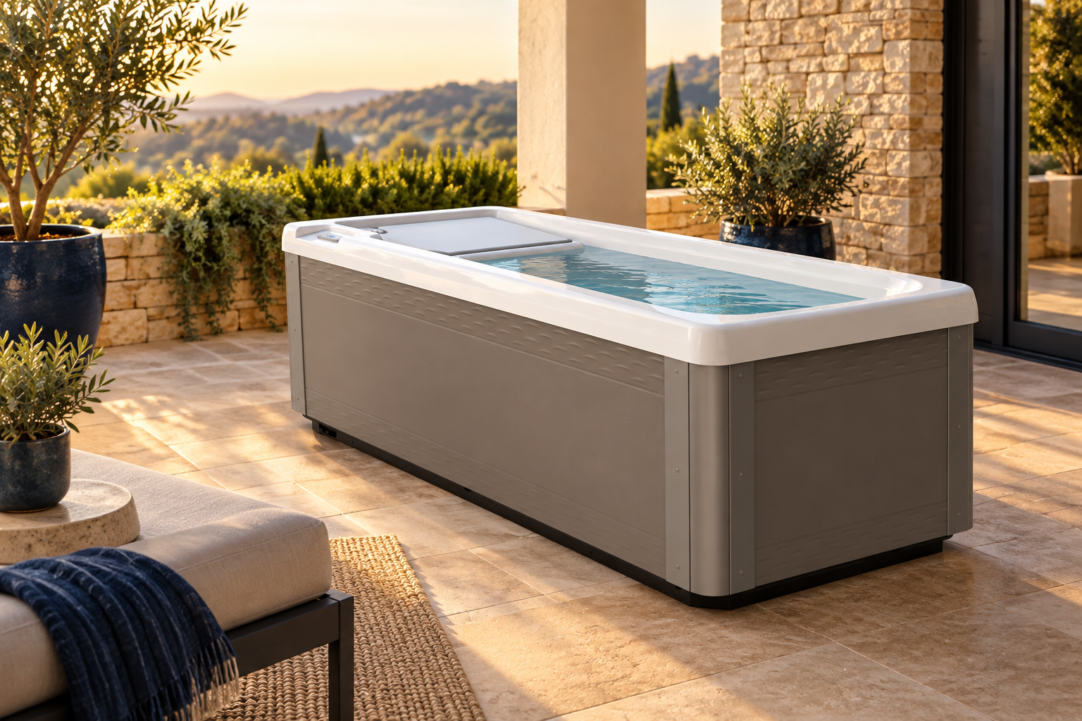 Cold plunge on a landscaped patio
