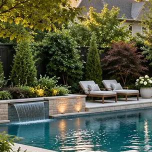 Swimming pool with a stone water feature, two lounge chairs on the patio, and surrounding landscaping.