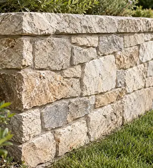 A low retaining wall constructed from stacked, irregularly shaped light-colored stone blocks.