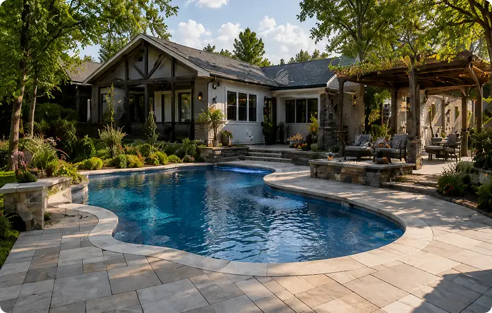 A backyard features a curved swimming pool surrounded by a stone patio, with a house and a wooden pergola visible in the background.