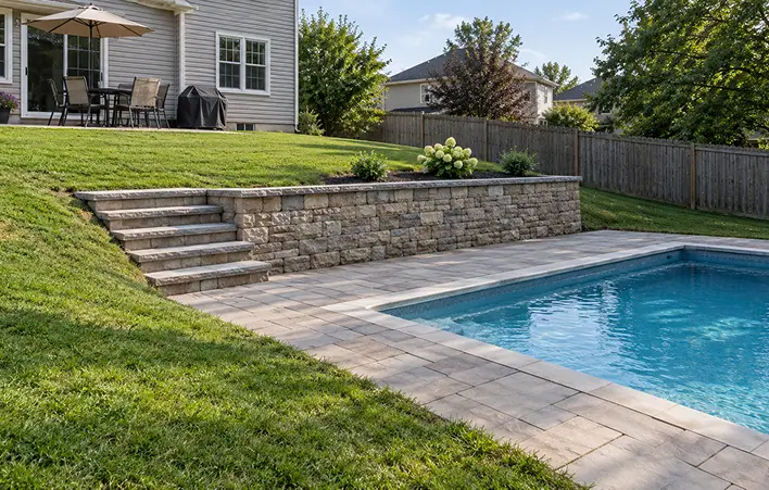 A swimming pool with a stone paver deck, a stacked stone retaining wall, and concrete steps leading to a raised grassy lawn.