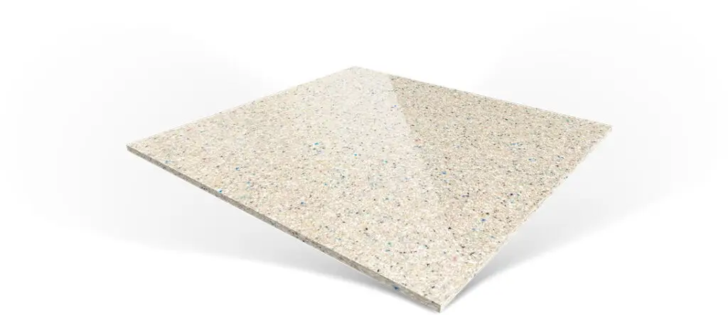A square tile with a light-colored, speckled finish on a white background.