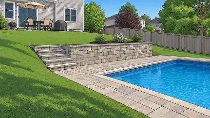 A swimming pool with a stone patio, a retaining wall, and steps leading up to a backyard with a house and a patio dining set.
