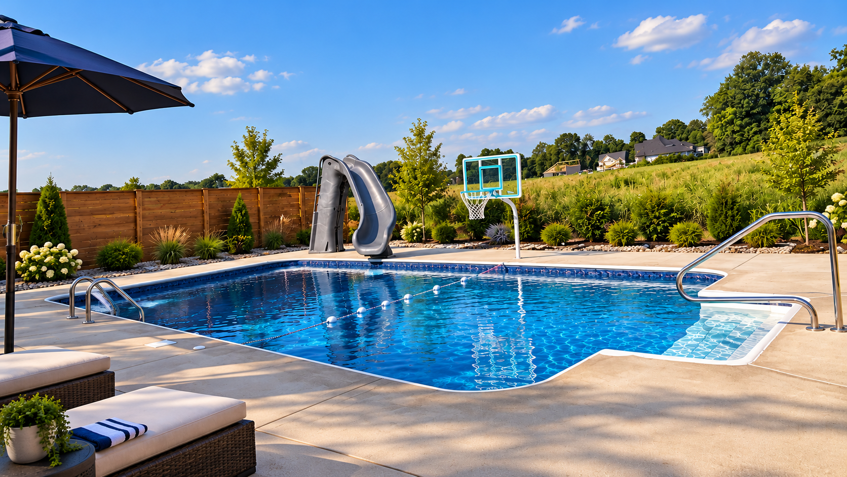 Pool with a slide, basketball hoop, surrounding patio, and planted border