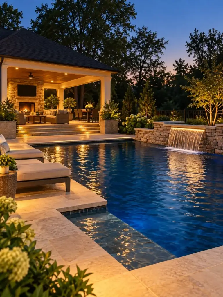 A backyard swimming pool with a stone water feature, adjacent to a covered patio with a fireplace and outdoor seating at dusk.