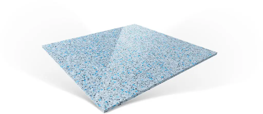 A square tile with a light gray speckled surface featuring blue and black flecks.