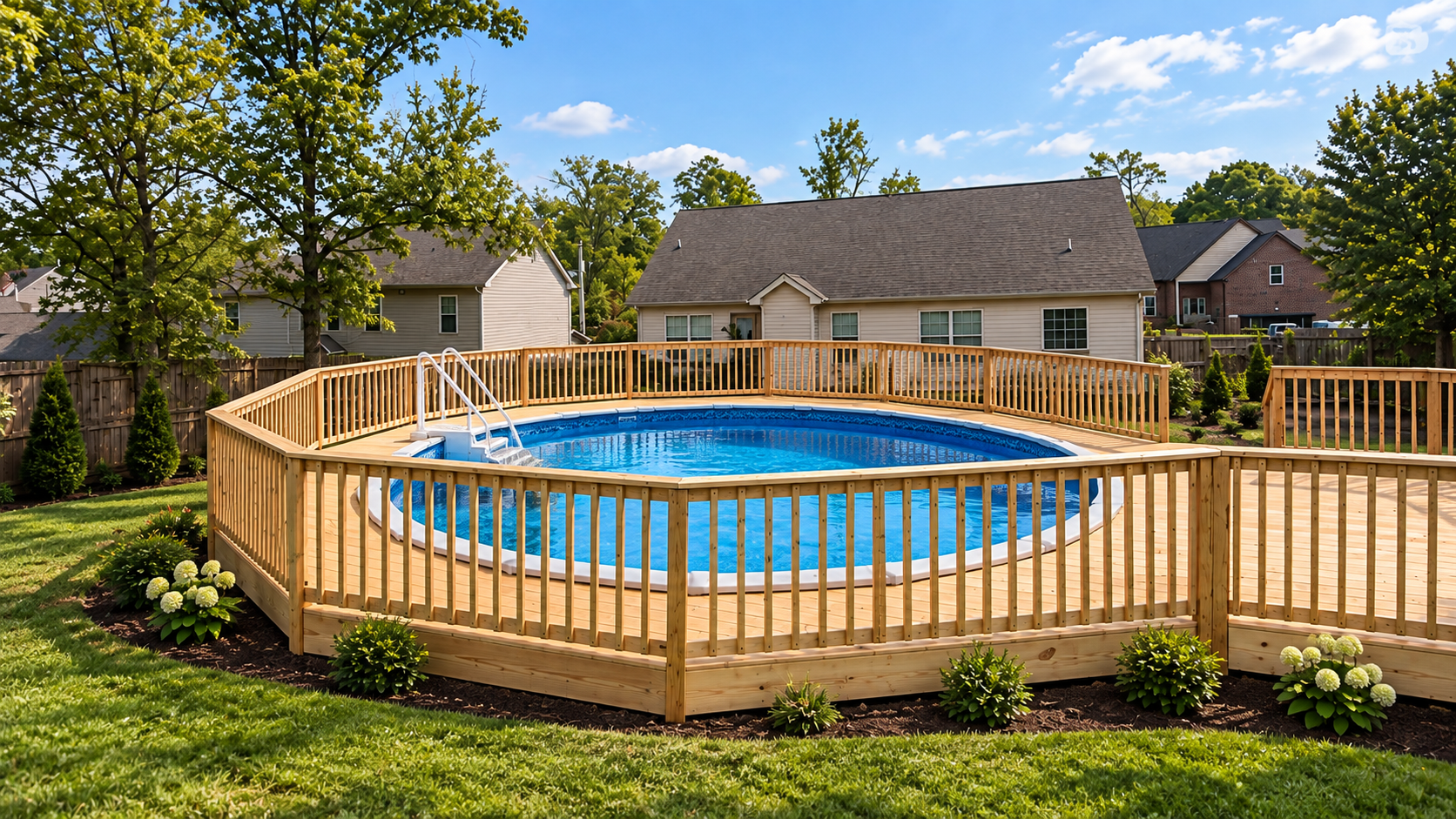 Semi-inground pool surrounded by a raised wood deck
