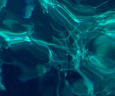 Abstract pattern of bright cyan light rippling over a dark background.