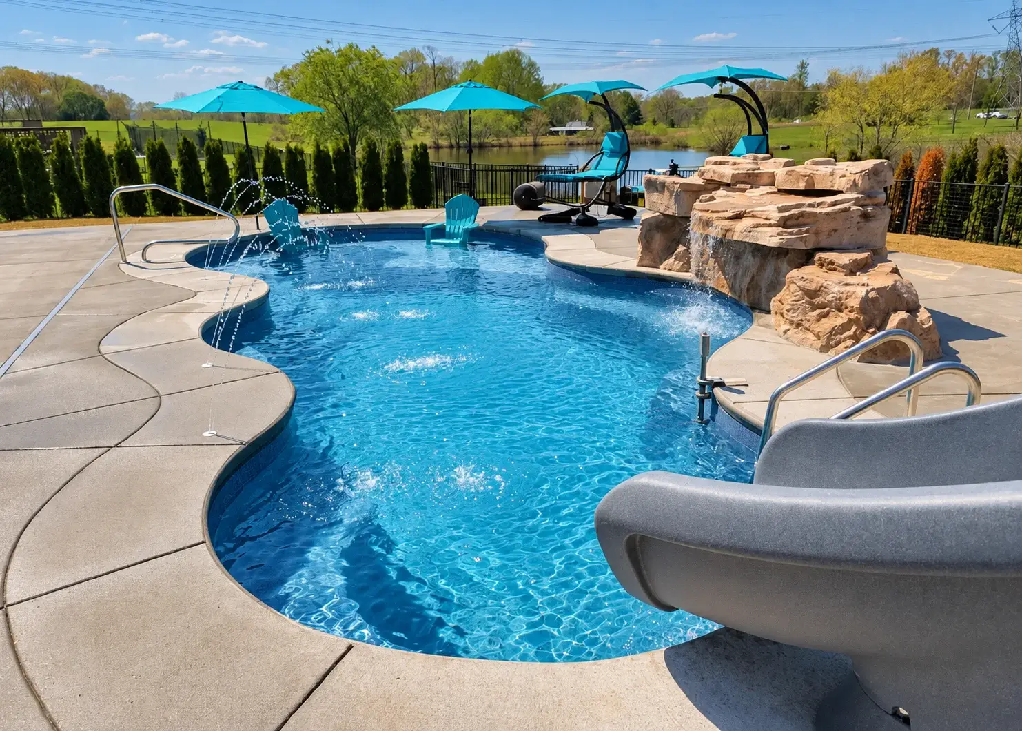 Inground pool with a natural stone waterfall and poolside seating