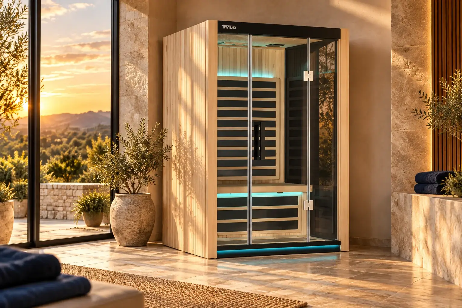 Wood sauna with a glass front