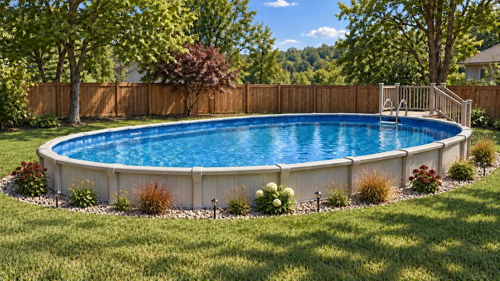Semi-inground pool with a landscaped surround